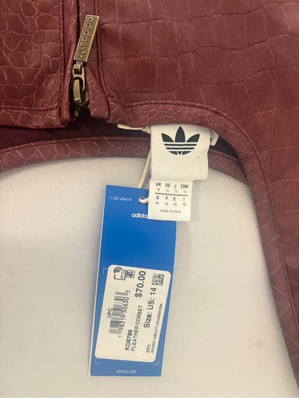 adidas PLEATHER CORSET - Burgundy. crocodile with Signature strips. Runs Small - Picture 9 of 12